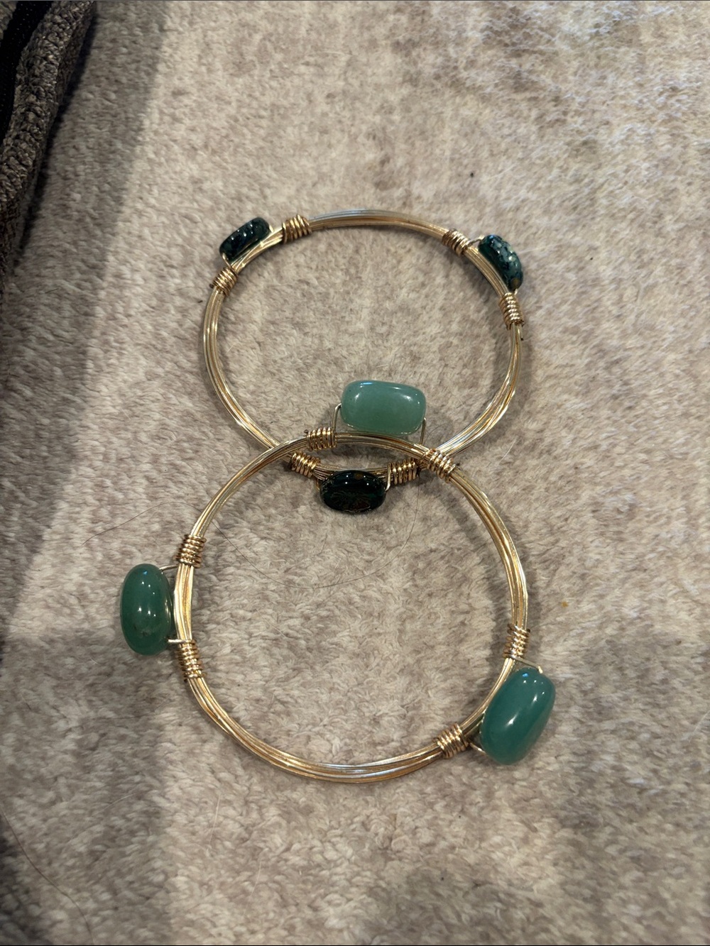 Gold Wire Bangle Set with Green Gemstone Accents